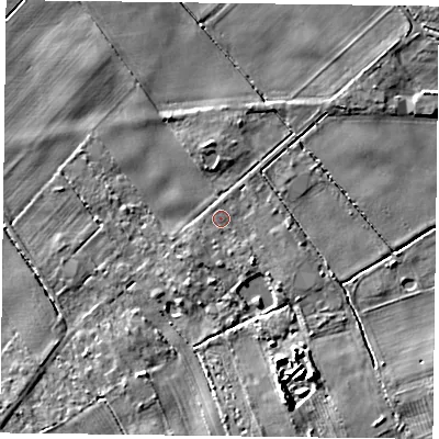 Shaded relief map of the ground around YO329UT, computed from Environment Agency LiDAR. The ground here sits at about 19 m above sea level and falls 9 m across the surrounding 800 m. Surface water reaching this point runs off ground lying to the south-east, 2.2 m higher.
