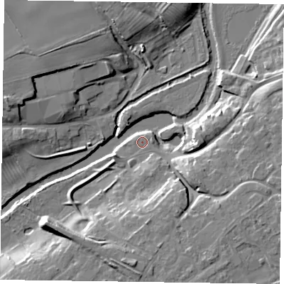 Shaded relief map of the ground around YO411AF, computed from Environment Agency LiDAR. The ground here sits at about 9 m above sea level and falls 13 m across the surrounding 800 m. The ground contributing surface water to this point lies to the west-north-west.