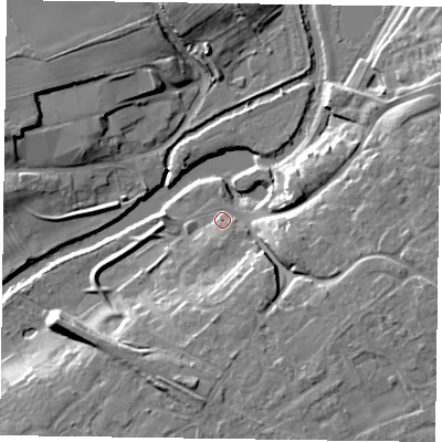 Shaded relief map of the ground around YO411AG, computed from Environment Agency LiDAR. The ground here sits at about 10 m above sea level and falls 13 m across the surrounding 800 m. Surface water reaching this point runs off ground lying to the east-south-east, 9.3 m higher.