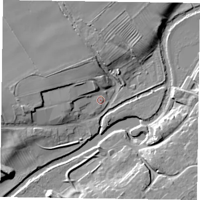 Shaded relief map of the ground around YO411AJ, computed from Environment Agency LiDAR. The ground here sits at about 10 m above sea level and falls 13 m across the surrounding 800 m. Surface water reaching this point runs off ground lying to the west, 8.9 m higher.
