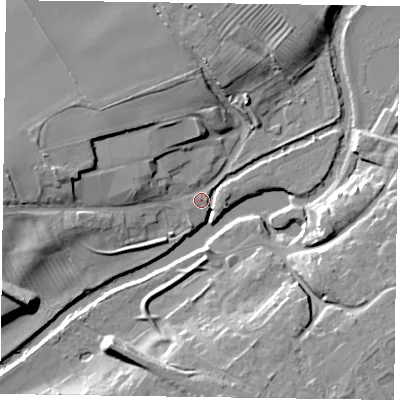 Shaded relief map of the ground around YO411AN, computed from Environment Agency LiDAR. The ground here sits at about 10 m above sea level and falls 13 m across the surrounding 800 m. Surface water reaching this point runs off ground lying to the west-north-west, 10.2 m higher.