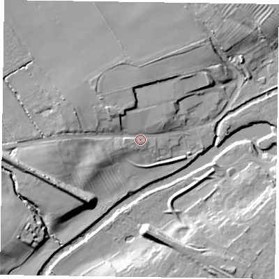 Shaded relief map of the ground around YO411AQ, computed from Environment Agency LiDAR. The ground here sits at about 12 m above sea level and falls 14 m across the surrounding 800 m. Surface water reaching this point runs off ground lying to the north-west, 7.0 m higher.