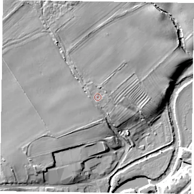 Shaded relief map of the ground around YO411AW, computed from Environment Agency LiDAR. The ground here sits at about 17 m above sea level and falls 14 m across the surrounding 800 m. Surface water reaching this point runs off ground lying to the west, 0.7 m higher.