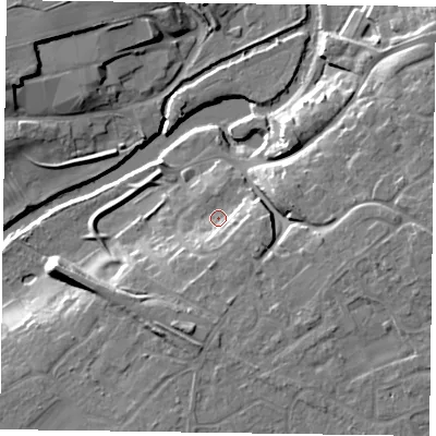 Shaded relief map of the ground around YO411BR, computed from Environment Agency LiDAR. The ground here sits at about 11 m above sea level and falls 13 m across the surrounding 800 m. Surface water reaching this point runs off ground lying to the south-east, 6.1 m higher.