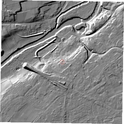 Shaded relief map of the ground around YO411BS, computed from Environment Agency LiDAR. The ground here sits at about 15 m above sea level and falls 13 m across the surrounding 800 m. Surface water reaching this point runs off ground lying to the south, 6.4 m higher.