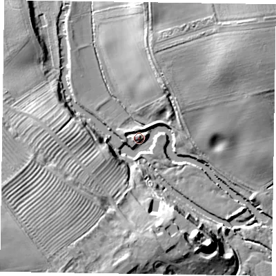 Shaded relief map of the ground around YO411JB, computed from Environment Agency LiDAR. The ground here sits at about 12 m above sea level and falls 24 m across the surrounding 800 m. Surface water reaching this point runs off ground lying to the south-west, 23.4 m higher.