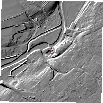 Shaded relief map of the ground around YO411QE, computed from Environment Agency LiDAR. The ground here sits at about 9 m above sea level and falls 13 m across the surrounding 800 m. Surface water reaching this point runs off ground lying to the east-south-east, 11.1 m higher.