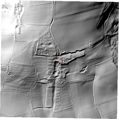 Shaded relief map of the ground around YO411QZ, computed from Environment Agency LiDAR. The ground here sits at about 142 m above sea level and falls 99 m across the surrounding 800 m. Surface water reaching this point runs off ground lying to the north, 45.7 m higher.