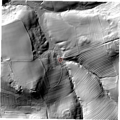 Shaded relief map of the ground around YO411RL, computed from Environment Agency LiDAR. The ground here sits at about 86 m above sea level and falls 51 m across the surrounding 800 m. Surface water reaching this point runs off ground lying to the east-north-east, 43.2 m higher.