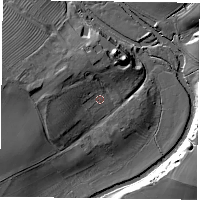 Shaded relief map of the ground around YO411XU, computed from Environment Agency LiDAR. The ground here sits at about 18 m above sea level and falls 24 m across the surrounding 800 m. Surface water reaching this point runs off ground lying to the west-north-west, 12.2 m higher.
