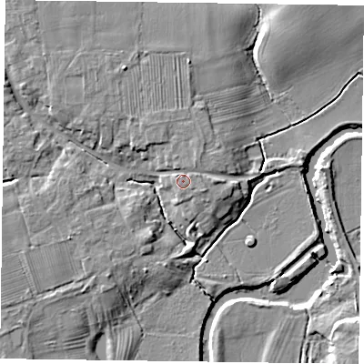 Shaded relief map of the ground around YO414AA, computed from Environment Agency LiDAR. The ground here sits at about 9 m above sea level and falls 8 m across the surrounding 800 m. Surface water reaching this point runs off ground lying to the east-south-east, 1.5 m higher.