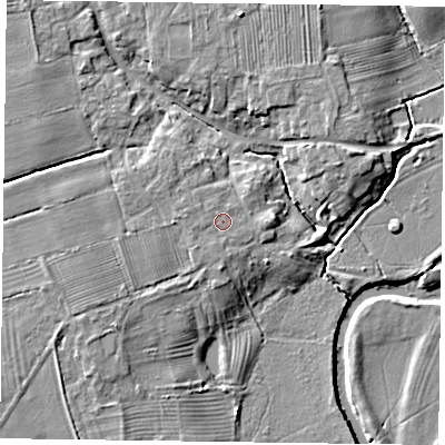Shaded relief map of the ground around YO414AD, computed from Environment Agency LiDAR. The ground here sits at about 9 m above sea level and falls 8 m across the surrounding 800 m. Surface water reaching this point runs off ground lying to the west-north-west, 0.6 m higher.