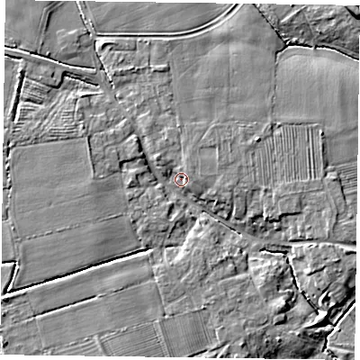 Shaded relief map of the ground around YO414AG, computed from Environment Agency LiDAR. The ground here sits at about 8 m above sea level and falls 10 m across the surrounding 800 m. Surface water reaching this point runs off ground lying to the south-west, 7.3 m higher.