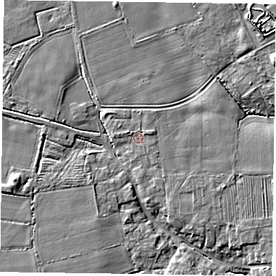 Shaded relief map of the ground around YO414AL, computed from Environment Agency LiDAR. The ground here sits at about 9 m above sea level and falls 8 m across the surrounding 800 m. Surface water reaching this point runs off ground lying to the east-north-east, 1.3 m higher.