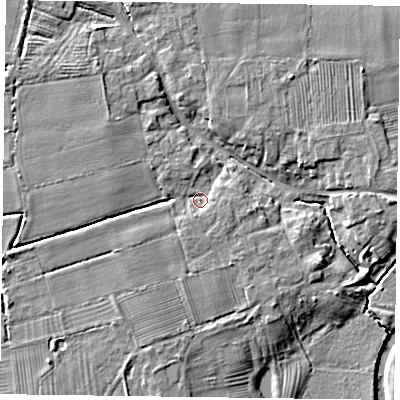 Shaded relief map of the ground around YO414BE, computed from Environment Agency LiDAR. The ground here sits at about 9 m above sea level and falls 8 m across the surrounding 800 m. Surface water reaching this point runs off ground lying to the west-south-west, 3.8 m higher.