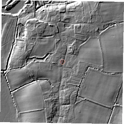 Shaded relief map of the ground around YO414BN, computed from Environment Agency LiDAR. The ground here sits at about 10 m above sea level and falls 9 m across the surrounding 800 m. Surface water reaching this point runs off ground lying to the east, 3.5 m higher.