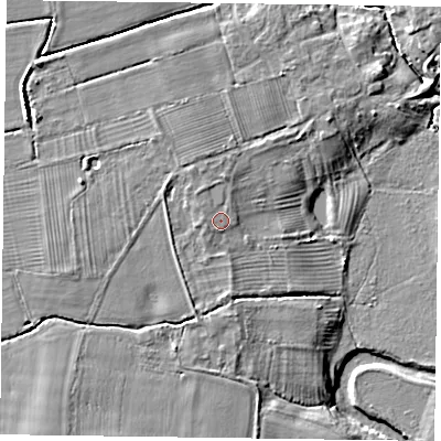 Shaded relief map of the ground around YO414HD, computed from Environment Agency LiDAR. The ground here sits at about 10 m above sea level and falls 8 m across the surrounding 800 m. Surface water reaching this point runs off ground lying to the west, 0.8 m higher.