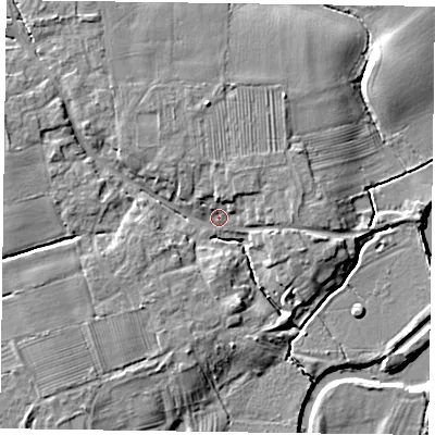 Shaded relief map of the ground around YO414HG, computed from Environment Agency LiDAR. The ground here sits at about 7 m above sea level and falls 7 m across the surrounding 800 m. Surface water reaching this point runs off ground lying to the west-north-west, 6.6 m higher.