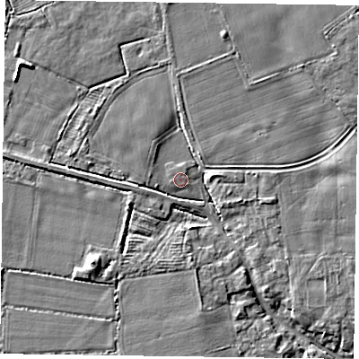 Shaded relief map of the ground around YO414HP, computed from Environment Agency LiDAR. The ground here sits at about 9 m above sea level and falls 7 m across the surrounding 800 m. Surface water reaching this point runs off ground lying to the west, 1.3 m higher.