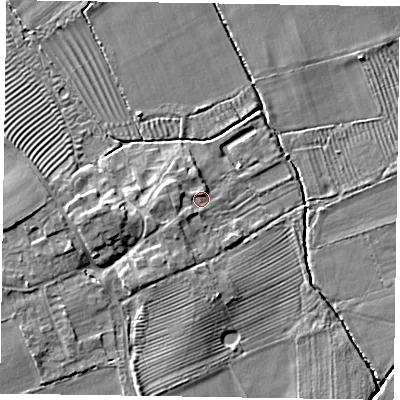 Shaded relief map of the ground around YO415JH, computed from Environment Agency LiDAR. The ground here sits at about 21 m above sea level and falls 7 m across the surrounding 800 m. Surface water reaching this point runs off ground lying to the west-south-west, 2.5 m higher.