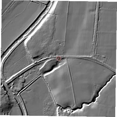 Shaded relief map of the ground around YO415LE, computed from Environment Agency LiDAR. The ground here sits at about 11 m above sea level and falls 9 m across the surrounding 800 m. Surface water reaching this point runs off ground lying to the east, 3.1 m higher.