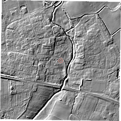 Shaded relief map of the ground around YO415NP, computed from Environment Agency LiDAR. The ground here sits at about 11 m above sea level and falls 7 m across the surrounding 800 m. Surface water reaching this point runs off ground lying to the west, 3.2 m higher.
