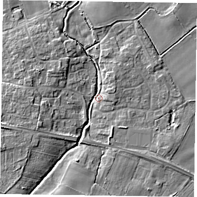 Shaded relief map of the ground around YO415NS, computed from Environment Agency LiDAR. The ground here sits at about 11 m above sea level and falls 6 m across the surrounding 800 m. Surface water reaching this point runs off ground lying to the west-south-west, 6.3 m higher.