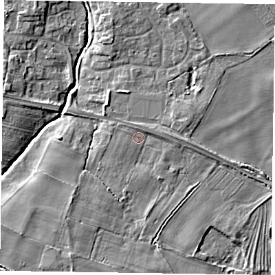 Shaded relief map of the ground around YO415NT, computed from Environment Agency LiDAR. The ground here sits at about 12 m above sea level and falls 6 m across the surrounding 800 m. Surface water reaching this point runs off ground lying to the north-east, 1.0 m higher.