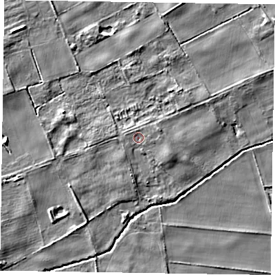 Shaded relief map of the ground around YO415PB, computed from Environment Agency LiDAR. The ground here sits at about 17 m above sea level and falls 6 m across the surrounding 800 m. Surface water reaching this point runs off ground lying to the east, 1.1 m higher.