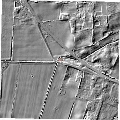 Shaded relief map of the ground around YO415PE, computed from Environment Agency LiDAR. The ground here sits at about 13 m above sea level and falls 7 m across the surrounding 800 m. Surface water reaching this point runs off ground lying to the east-south-east, 2.9 m higher.