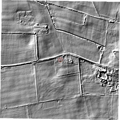 Shaded relief map of the ground around YO415PG, computed from Environment Agency LiDAR. The ground here sits at about 12 m above sea level and falls 6 m across the surrounding 800 m. Surface water reaching this point runs off ground lying to the north-west, 0.7 m higher.