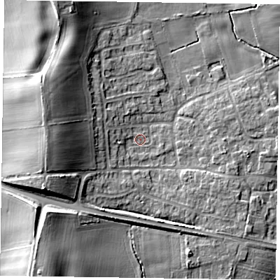 Shaded relief map of the ground around YO415PP, computed from Environment Agency LiDAR. The ground here sits at about 12 m above sea level and falls 14 m across the surrounding 800 m. Surface water reaching this point runs off ground lying to the west, 2.7 m higher.