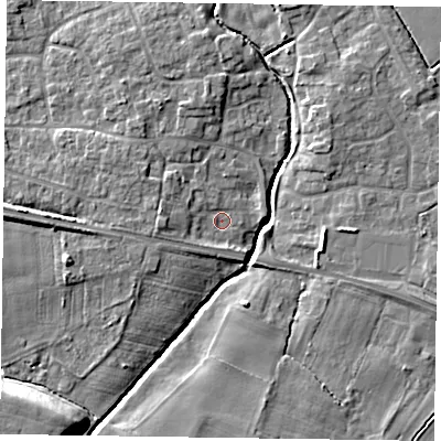 Shaded relief map of the ground around YO415PQ, computed from Environment Agency LiDAR. The ground here sits at about 11 m above sea level and falls 13 m across the surrounding 800 m. Surface water reaching this point runs off ground lying to the west, 3.4 m higher.