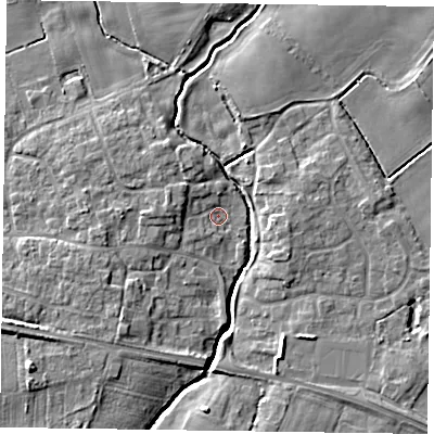 Shaded relief map of the ground around YO415PR, computed from Environment Agency LiDAR. The ground here sits at about 11 m above sea level and falls 7 m across the surrounding 800 m. Surface water reaching this point runs off ground lying to the west-north-west, 3.3 m higher.