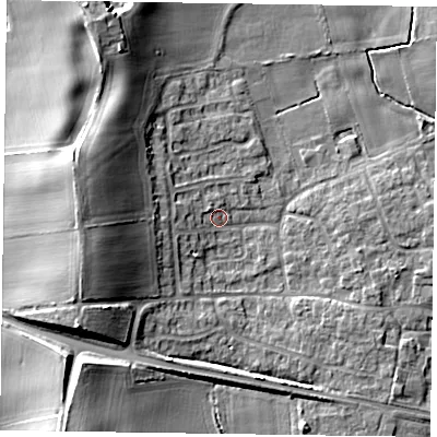 Shaded relief map of the ground around YO415PW, computed from Environment Agency LiDAR. The ground here sits at about 12 m above sea level and falls 14 m across the surrounding 800 m. Surface water reaching this point runs off ground lying to the west, 10.9 m higher.