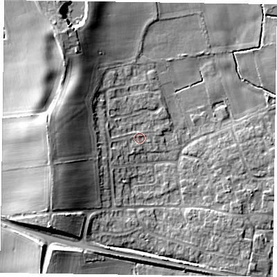Shaded relief map of the ground around YO415PZ, computed from Environment Agency LiDAR. The ground here sits at about 12 m above sea level and falls 14 m across the surrounding 800 m. Surface water reaching this point runs off ground lying to the west, 11.4 m higher.