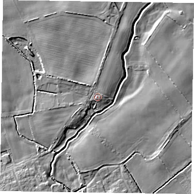 Shaded relief map of the ground around YO415QA, computed from Environment Agency LiDAR. The ground here sits at about 13 m above sea level and falls 6 m across the surrounding 800 m. Surface water reaching this point runs off ground lying to the north-north-east, 2.1 m higher.