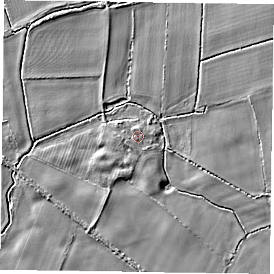 Shaded relief map of the ground around YO415QB, computed from Environment Agency LiDAR. The ground here sits at about 15 m above sea level and falls 5 m across the surrounding 800 m. Surface water reaching this point runs off ground lying to the north-north-east, 0.8 m higher.