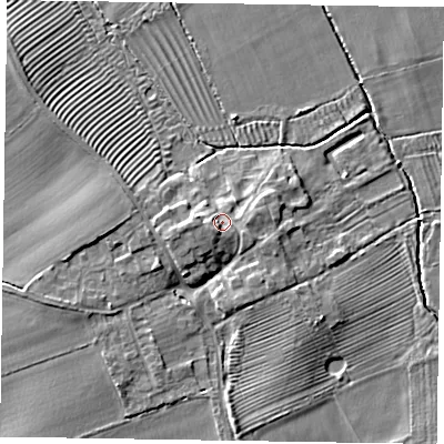 Shaded relief map of the ground around YO415QH, computed from Environment Agency LiDAR. The ground here sits at about 22 m above sea level and falls 7 m across the surrounding 800 m. Surface water reaching this point runs off ground lying to the west-south-west, 2.6 m higher.
