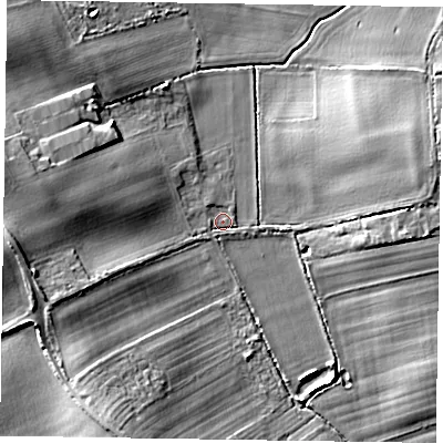 Shaded relief map of the ground around YO415QL, computed from Environment Agency LiDAR. The ground here sits at about 23 m above sea level and falls 13 m across the surrounding 800 m. Surface water reaching this point runs off ground lying to the west, 7.4 m higher.