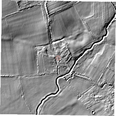 Shaded relief map of the ground around YO415QR, computed from Environment Agency LiDAR. The ground here sits at about 19 m above sea level and falls 7 m across the surrounding 800 m. Surface water reaching this point runs off ground lying to the north-east, 3.1 m higher.