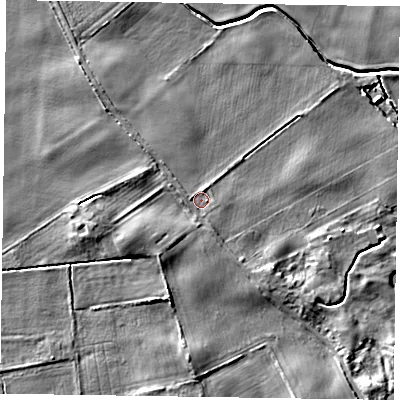 Shaded relief map of the ground around YO415RB, computed from Environment Agency LiDAR. The ground here sits at about 15 m above sea level and falls 6 m across the surrounding 800 m. Surface water reaching this point runs off ground lying to the south-south-east, 1.0 m higher.