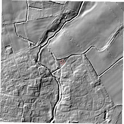 Shaded relief map of the ground around YO415RJ, computed from Environment Agency LiDAR. The ground here sits at about 11 m above sea level and falls 6 m across the surrounding 800 m. Surface water reaching this point runs off ground lying to the south-south-east, 2.3 m higher.