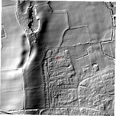 Shaded relief map of the ground around YO415RQ, computed from Environment Agency LiDAR. The ground here sits at about 12 m above sea level and falls 13 m across the surrounding 800 m. Surface water reaching this point runs off ground lying to the west-south-west, 11.3 m higher.