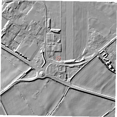 Shaded relief map of the ground around YO421AT, computed from Environment Agency LiDAR. The ground here sits at about 24 m above sea level and falls 9 m across the surrounding 800 m. Surface water reaching this point runs off ground lying to the north-east, 3.8 m higher.