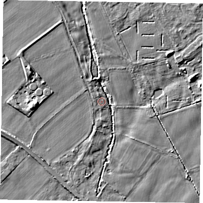 Shaded relief map of the ground around YO421NN, computed from Environment Agency LiDAR. The ground here sits at about 24 m above sea level and falls 10 m across the surrounding 800 m. Surface water reaching this point runs off ground lying to the north-north-west, 1.3 m higher.