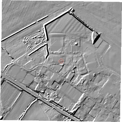 Shaded relief map of the ground around YO421NP, computed from Environment Agency LiDAR. The ground here sits at about 25 m above sea level and falls 12 m across the surrounding 800 m. Surface water reaching this point runs off ground lying to the south-south-east, 0.9 m higher.