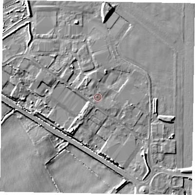 Shaded relief map of the ground around YO421NR, computed from Environment Agency LiDAR. The ground here sits at about 25 m above sea level and falls 11 m across the surrounding 800 m. Surface water reaching this point runs off ground lying to the north-north-west, 1.1 m higher.