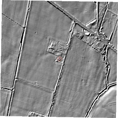 Shaded relief map of the ground around YO421NT, computed from Environment Agency LiDAR. The ground here sits at about 18 m above sea level and falls 7 m across the surrounding 800 m. Surface water reaching this point runs off ground lying to the north-north-east, 0.9 m higher.