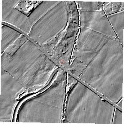 Shaded relief map of the ground around YO421NW, computed from Environment Agency LiDAR. The ground here sits at about 22 m above sea level and falls 10 m across the surrounding 800 m. Surface water reaching this point runs off ground lying to the north-north-west, 5.5 m higher.